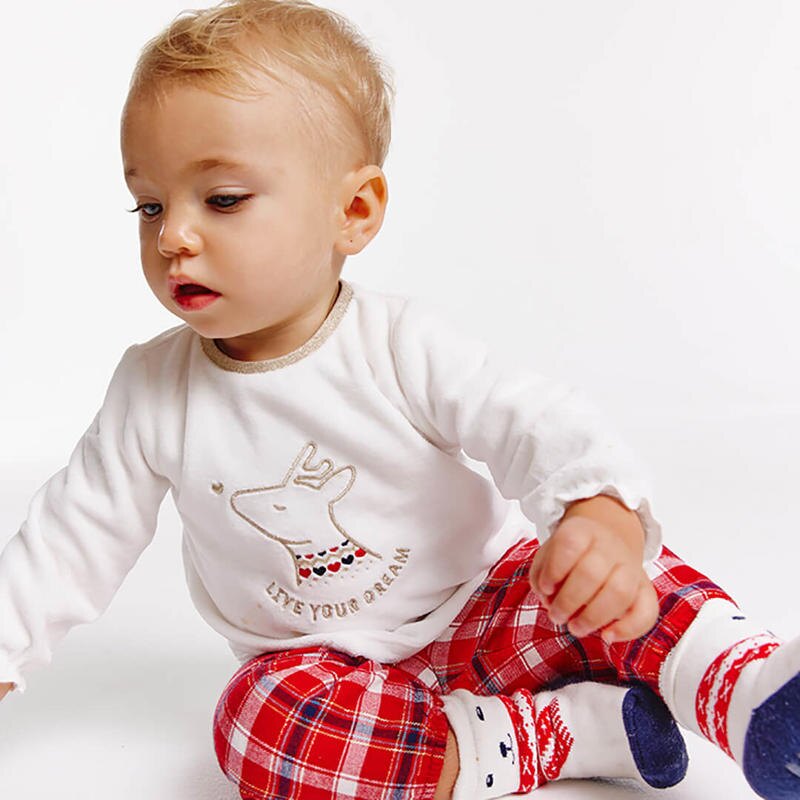 Pyjama velours et carreaux blanc bébé fille Blanc