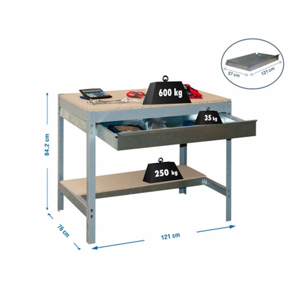 PROREGAL Buffalo werkbank met lade, afmetingen (H x B x D): 84 x 120 x 76 cm, draagvermogen: 600 kg, grijs