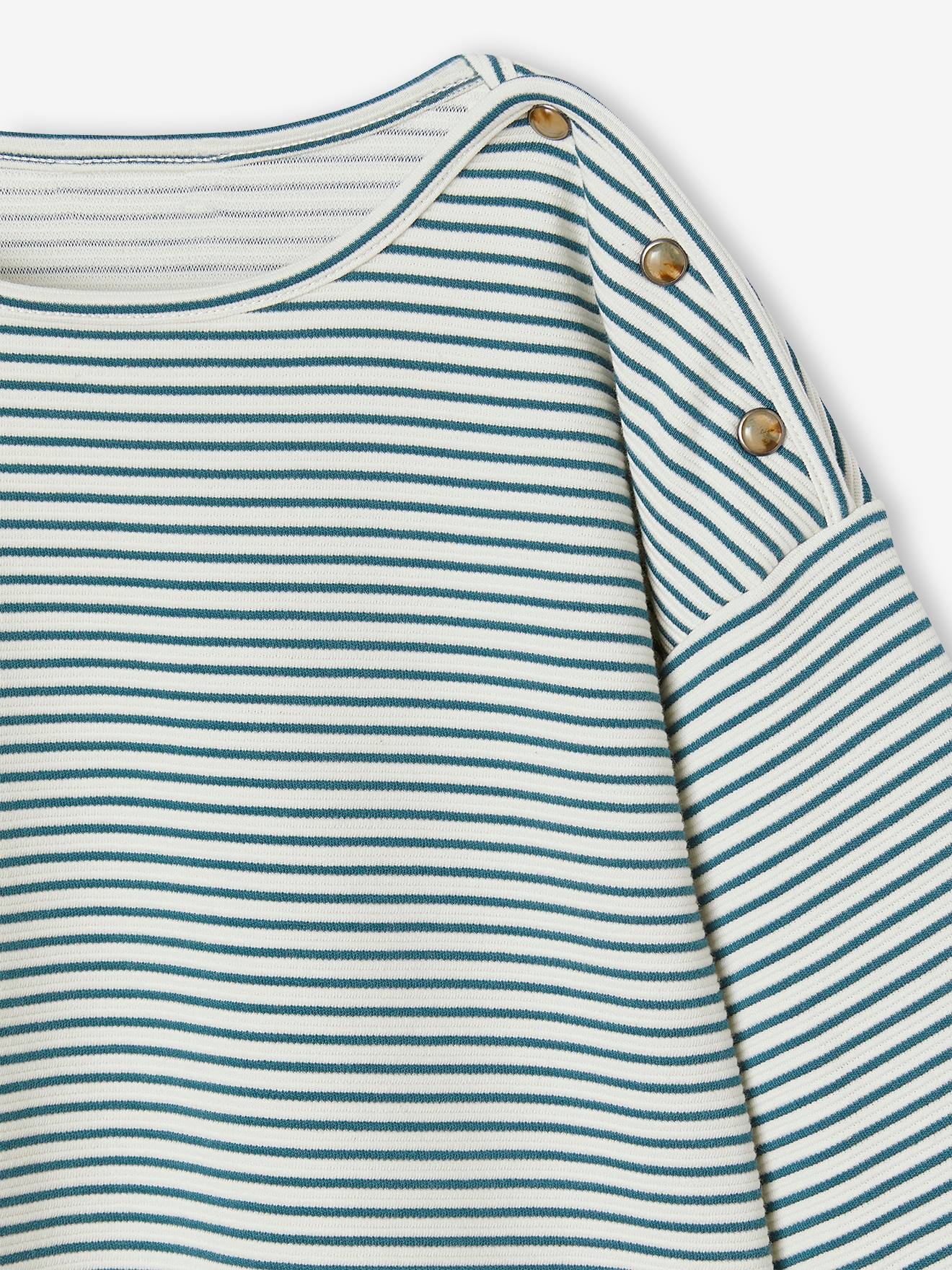 Camiseta listrada com decote canoa, menina listrada branca clara