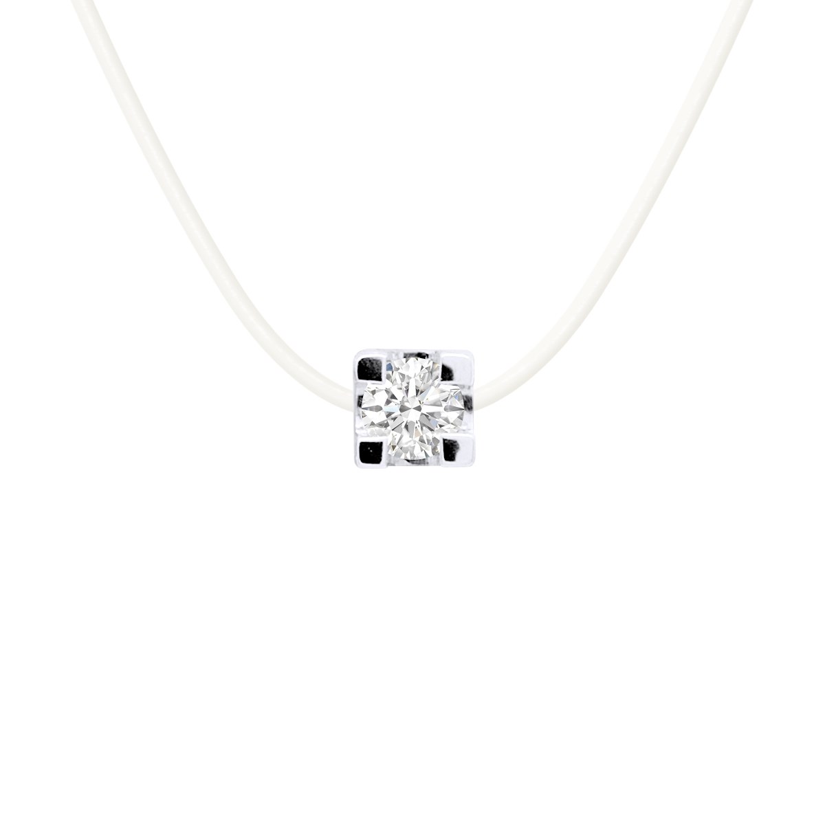 Collier Solitaire Diamant 0,050 Cts Nylon Transparent Argent 925