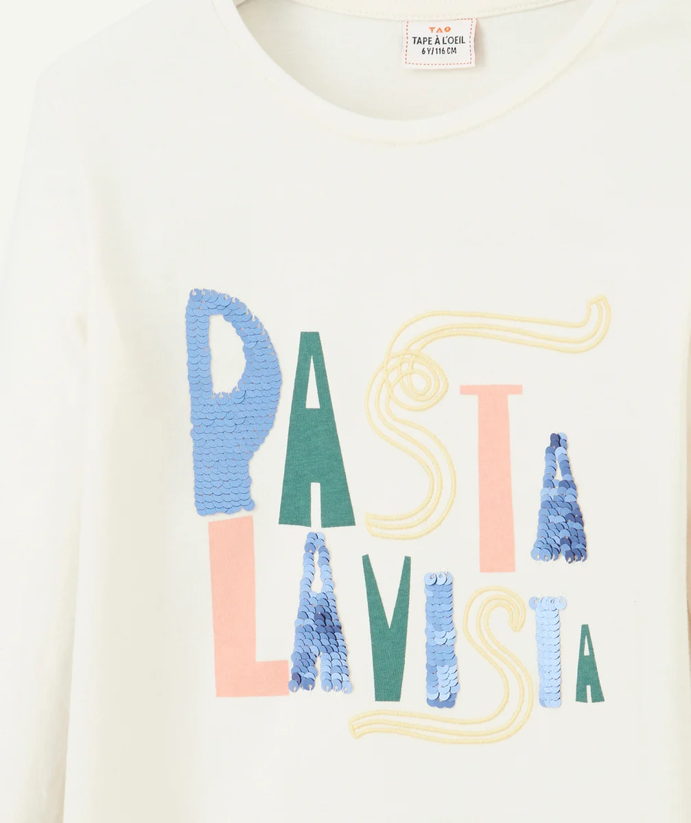 T-SHIRT FILLE EN FIBRES RECYCLÉES ÉCRU AVEC MESSAGE PASTA ET SEQUINS