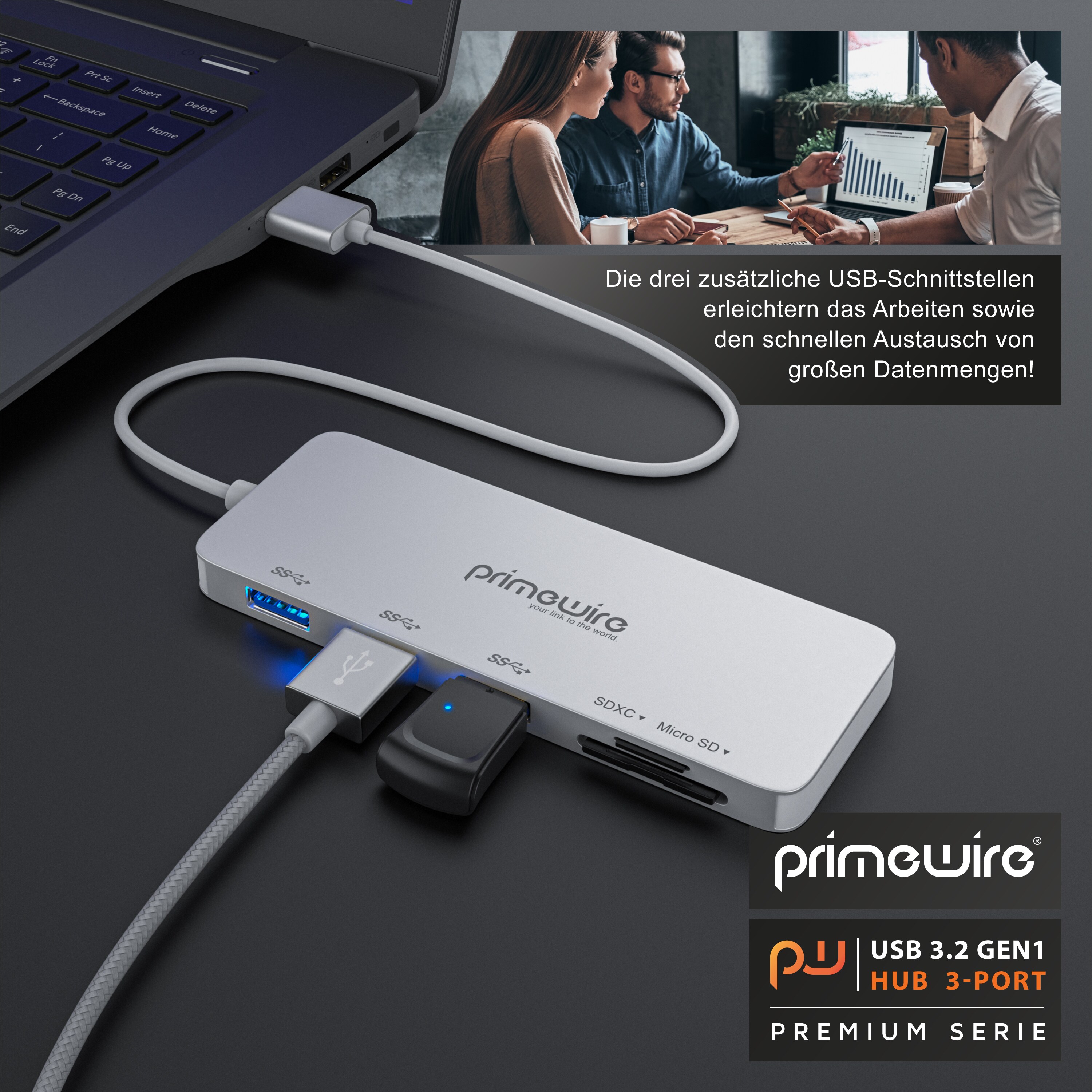 Primewire 3-Port USB 3.2 Gen1 Hub mit USB Typ C Anschluss inkl. Kartenlesegerät microSD/SD Karten Slot