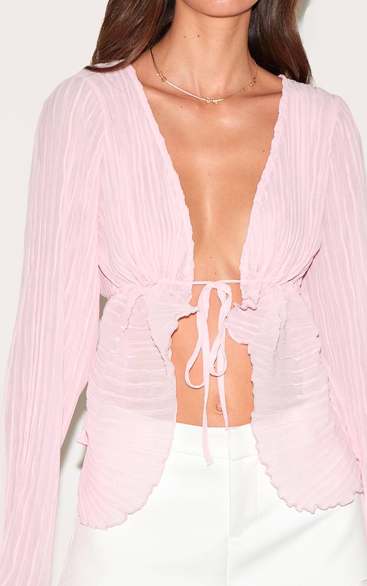 Rose Pâle Chemisier En Plissé Transparent Avec Nœud Devant Et Manches Évasées