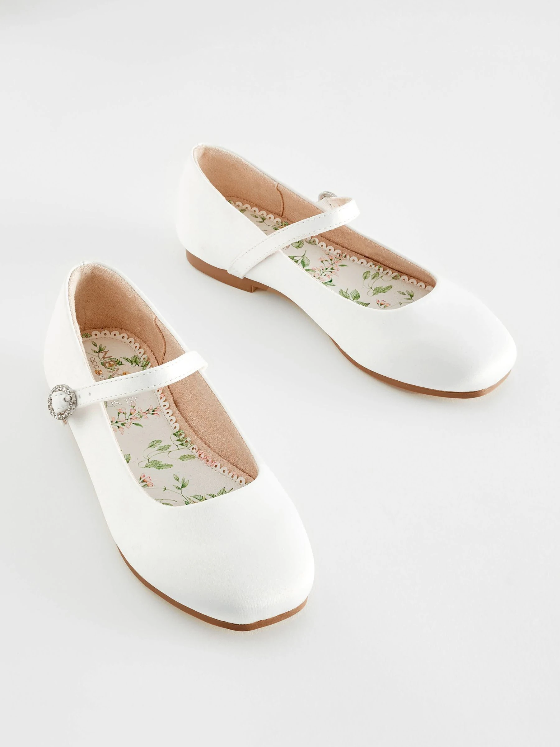 Wit satijn vlekbestendig voor bruidsmeisjes - Mary Jane gelegenheidsschoenen voor meisjes met bloemen en vierkante neus
