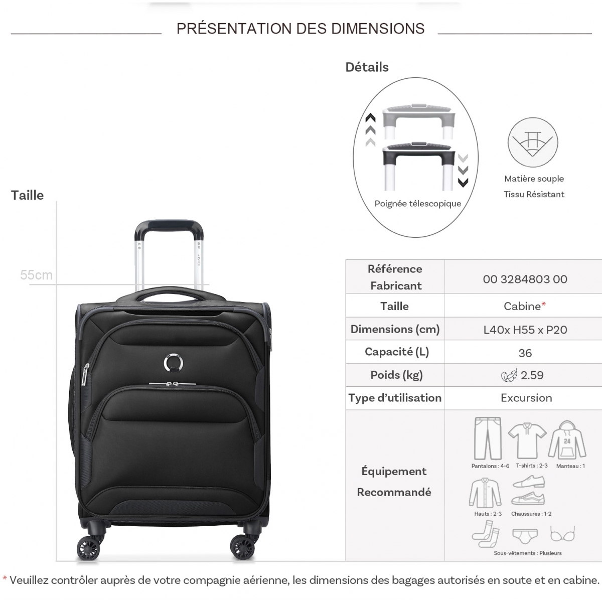 Delsey Valise cabine souple Delsey SkyMax 2.0 TSA 55cm