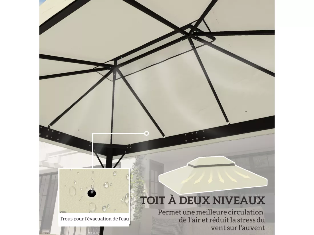 Toile de rechange barnum tonnelle 4 x 3 m - toit double avec œillets drainage - polyester haute densité 370 g/m² crème