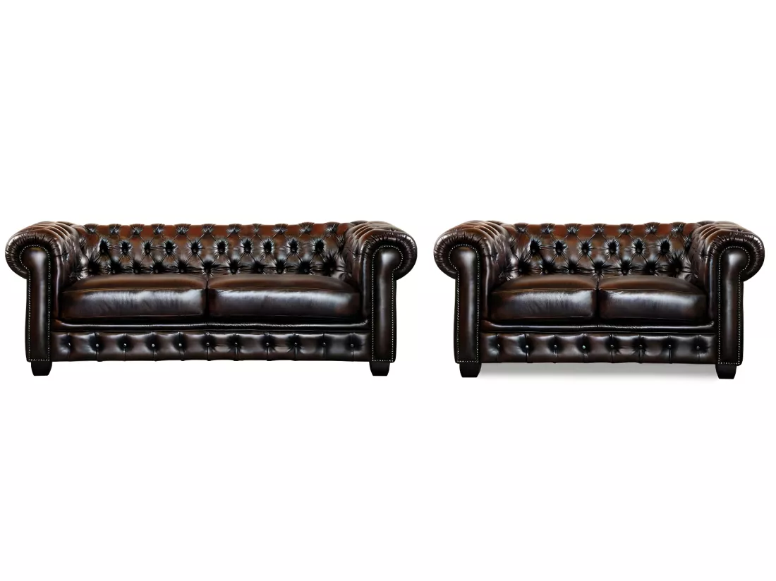 Canapés chesterfield 3 places et 2 places BRENTON 100% cuir de buffle - Marron reflets châtains