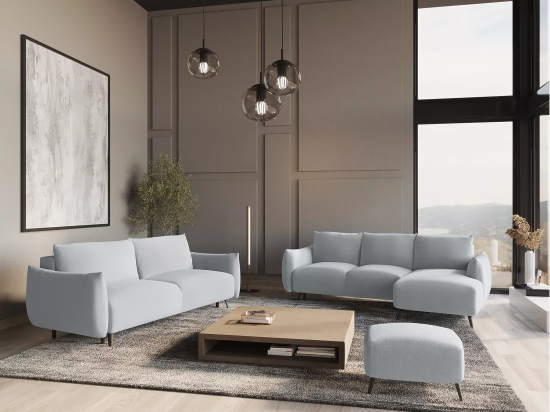 Canapé d'angle panoramique convertible en tissu chenille - bleu clair - MALIE