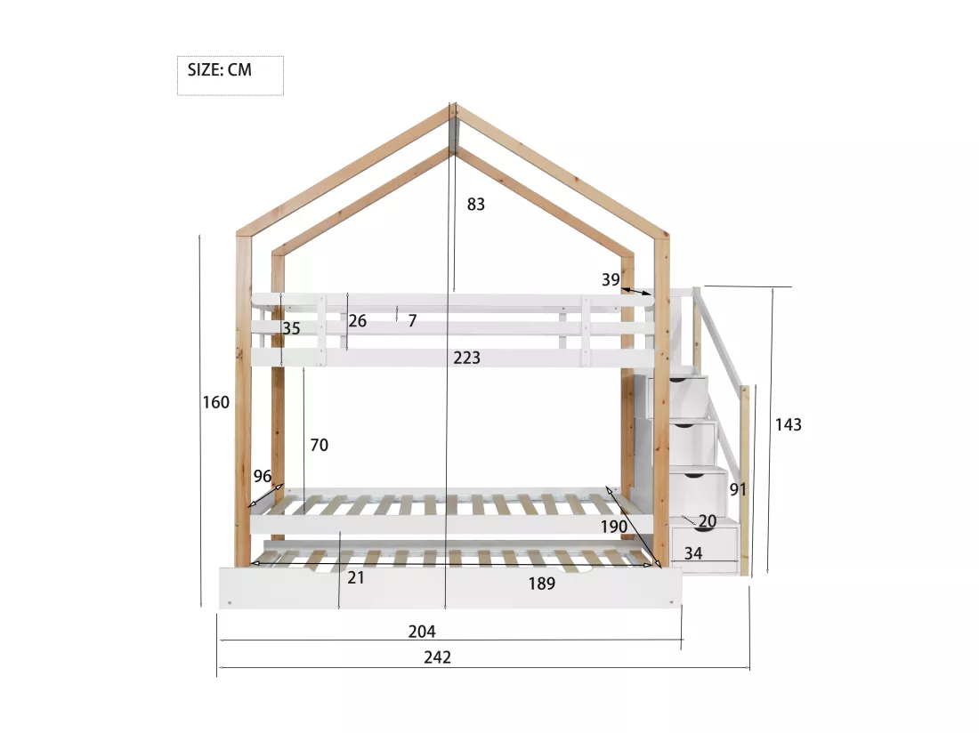 Lits superposés 2 x 90 x 200 cm avec lit gigogne 90 x 190 cm, avec 4 tiroirs et escalier, bois massif + MDF, blanc