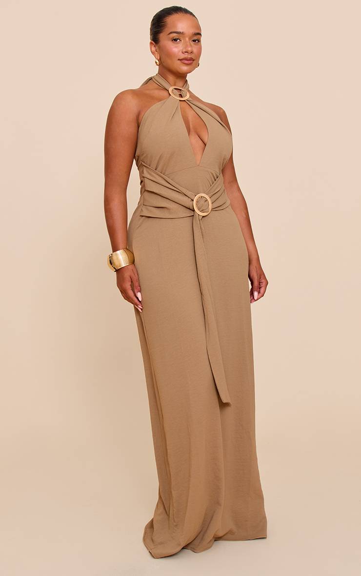 Kaki Robe Longue Dos-nu En Satin Martelé Avec Anneau Décoratif Shape