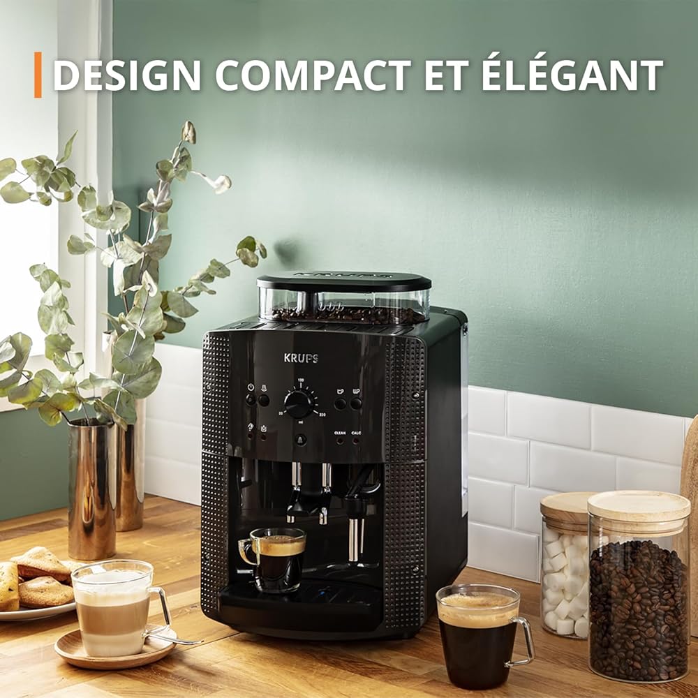 Krups Machine à café grain, 1,7 L, 2 tasses en simultané, Nettoyage automatique, Buse vapeur pour Cappuccino, Cafetière espresso, Essential noire YY8125FD, Noir : Cuisine et Maison
