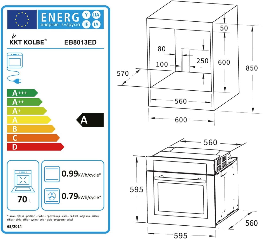 KKT KOLBE Einbaubackofen 60 cm | 70L | 3kW | Drehspieß | Kerntemperaturfühler | Katalyse | Grill | Heißluft | Teleskopauszüge | Automatik-Timer | EB8013ED