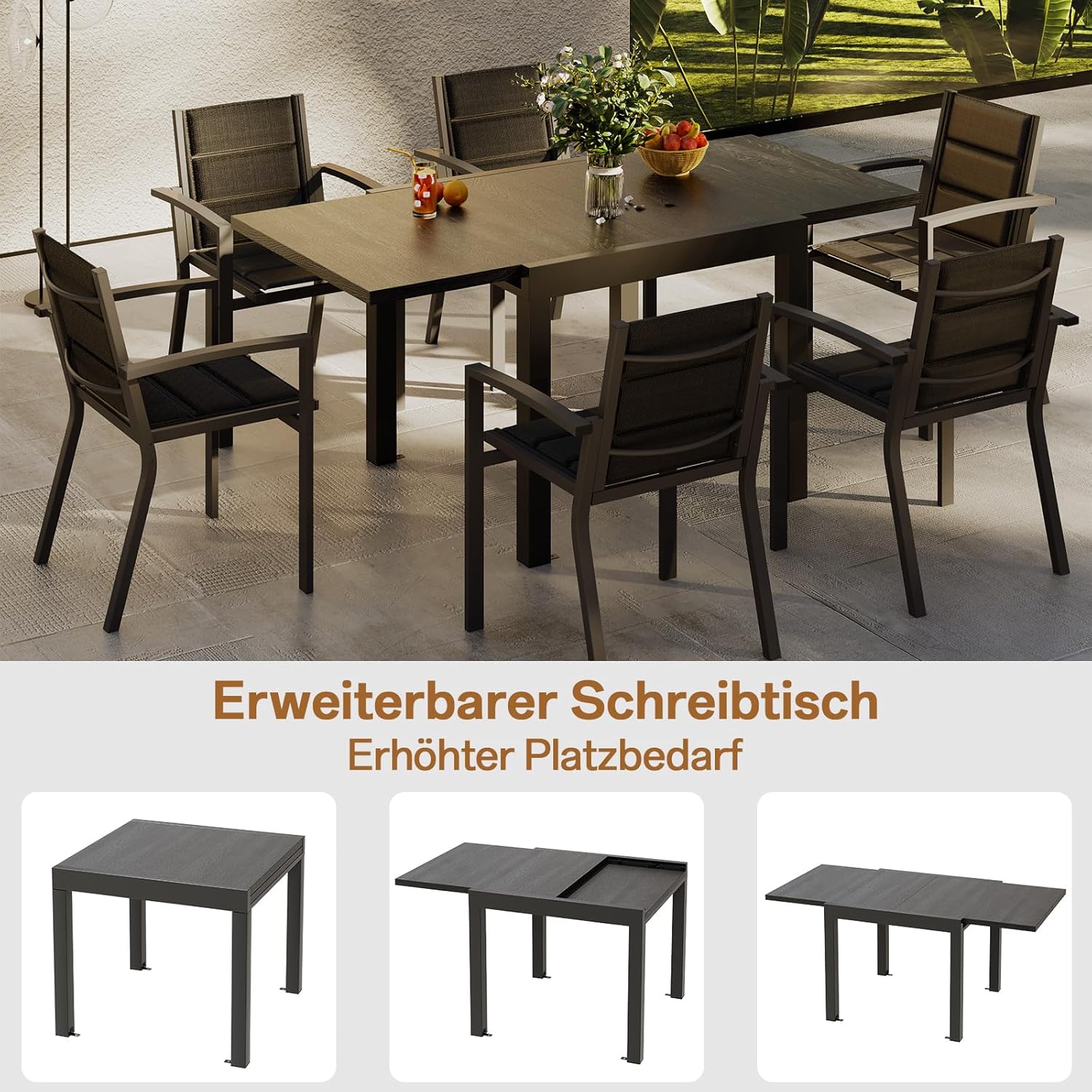 Devoko Aluminium Ausziehbarer Gartentisch, Wetterfest 80-160x80x75cm Outdoor Esstisch für 4-6 Personen mit Sonnenschutz, Leicht zu Reinigen, Dunkelgrau