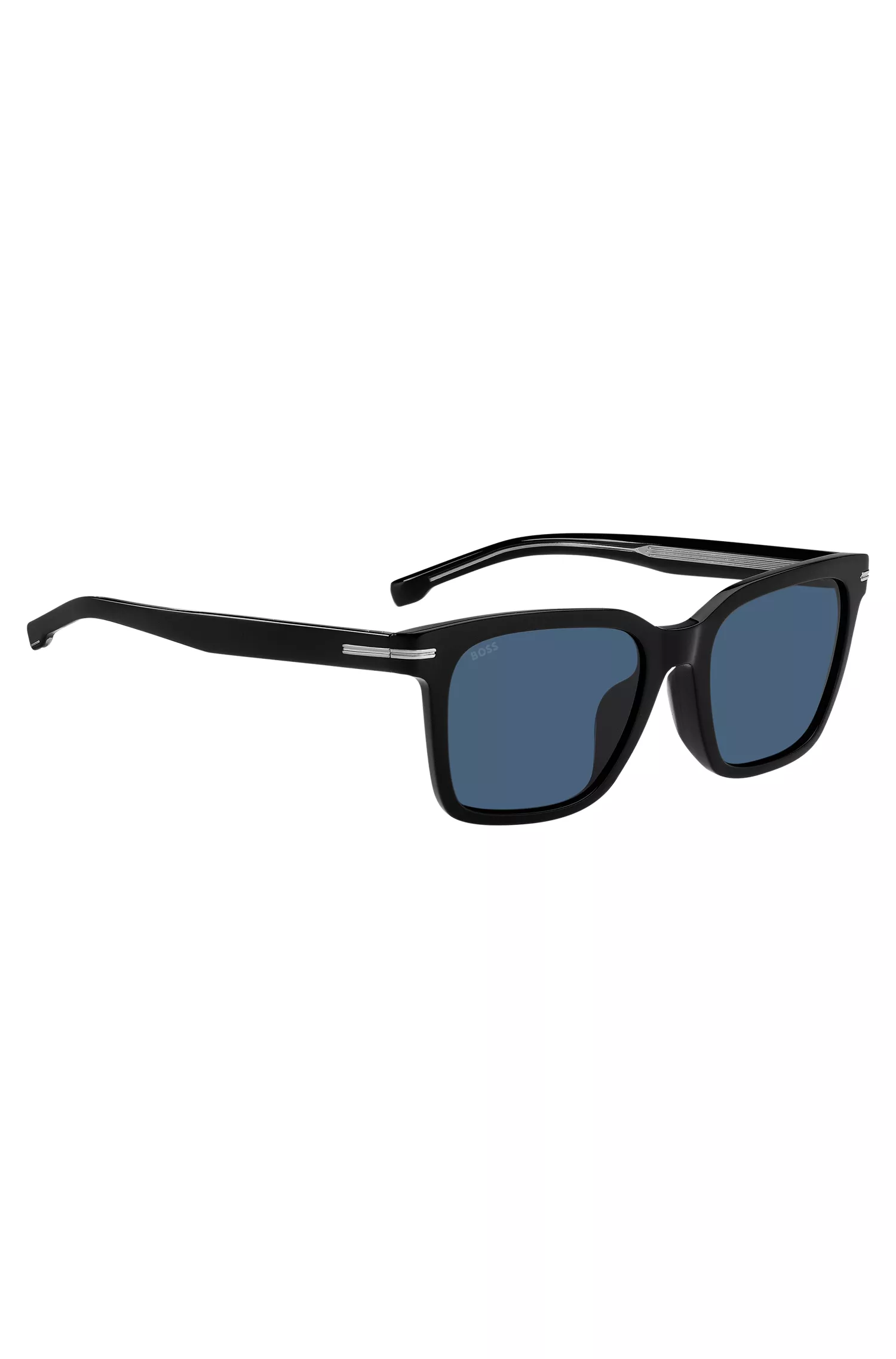 Óculos de sol BOSS em acetato preto com detalhes prateados exclusivos.