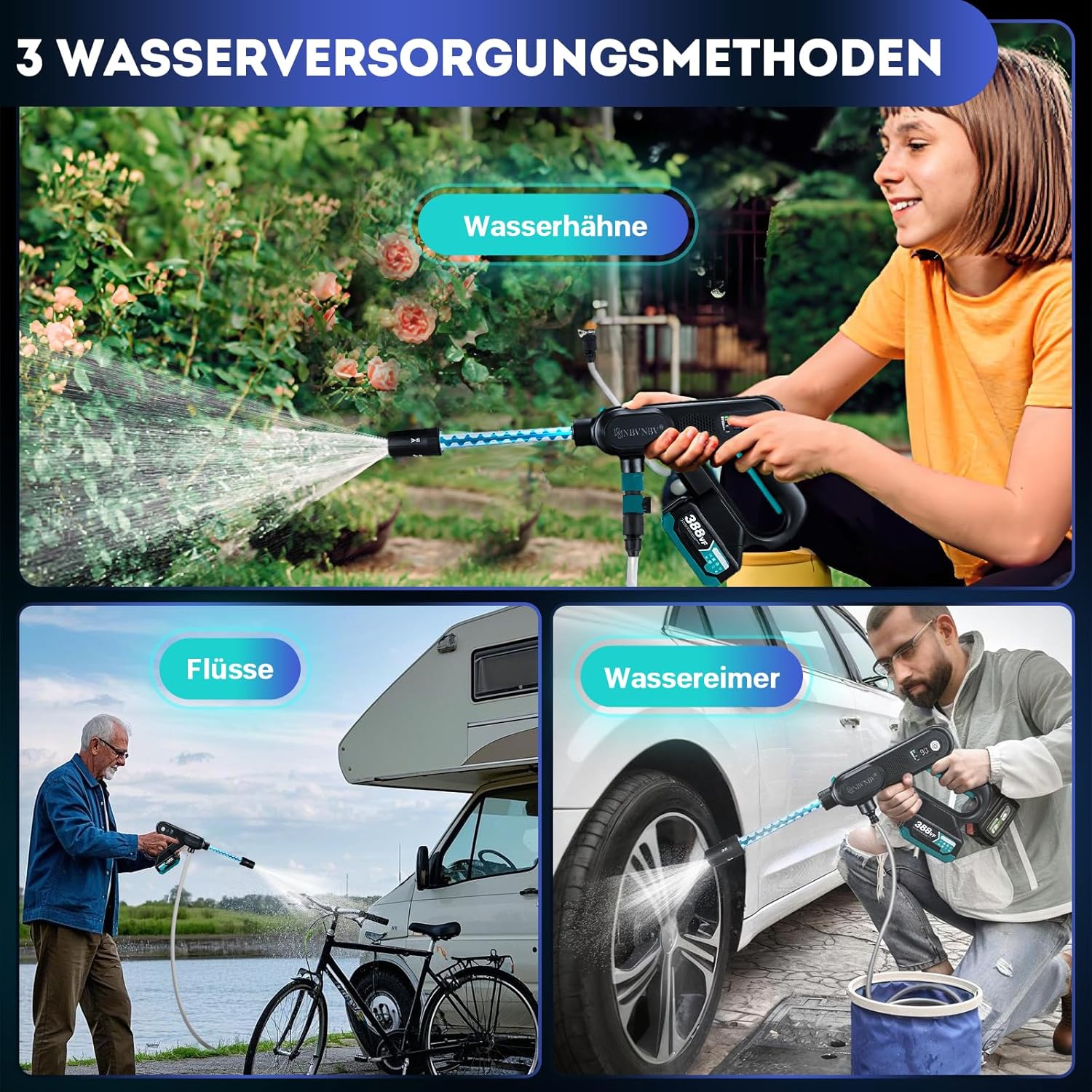 Akku Hochdruckreiniger für Makita 18V Akku, 3-Stufiger Max 220 Bar | 5-IN-1Spirale Druck Erhöhen Düse Mobile Hochdruckreiniger Akku | 5m Schlauch (Schwarz Mit 2 Batterie)