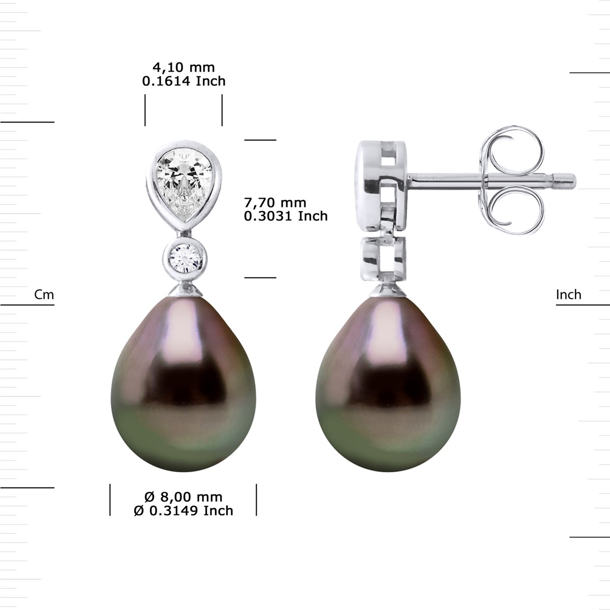 Boucles d'Oreilles Pendantes Joaillerie Perle de Tahiti Poires 8-9 mm Argent 927
