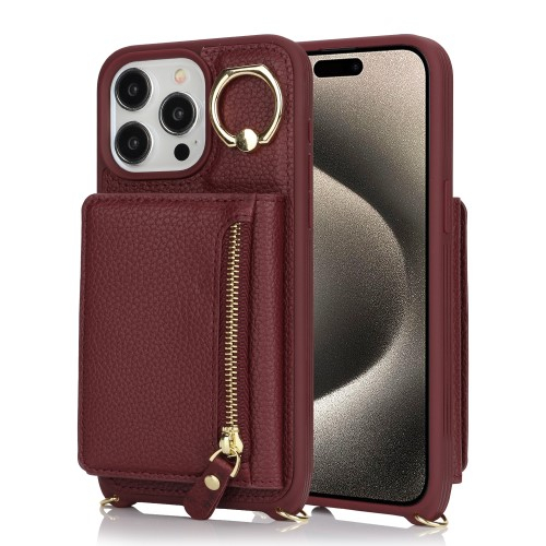 iPhone 14 Pro Max Necklace Leder Hülle mit Münzfach und Kartenfächer   Finger Griff Halterung   Handykette - Weinrot