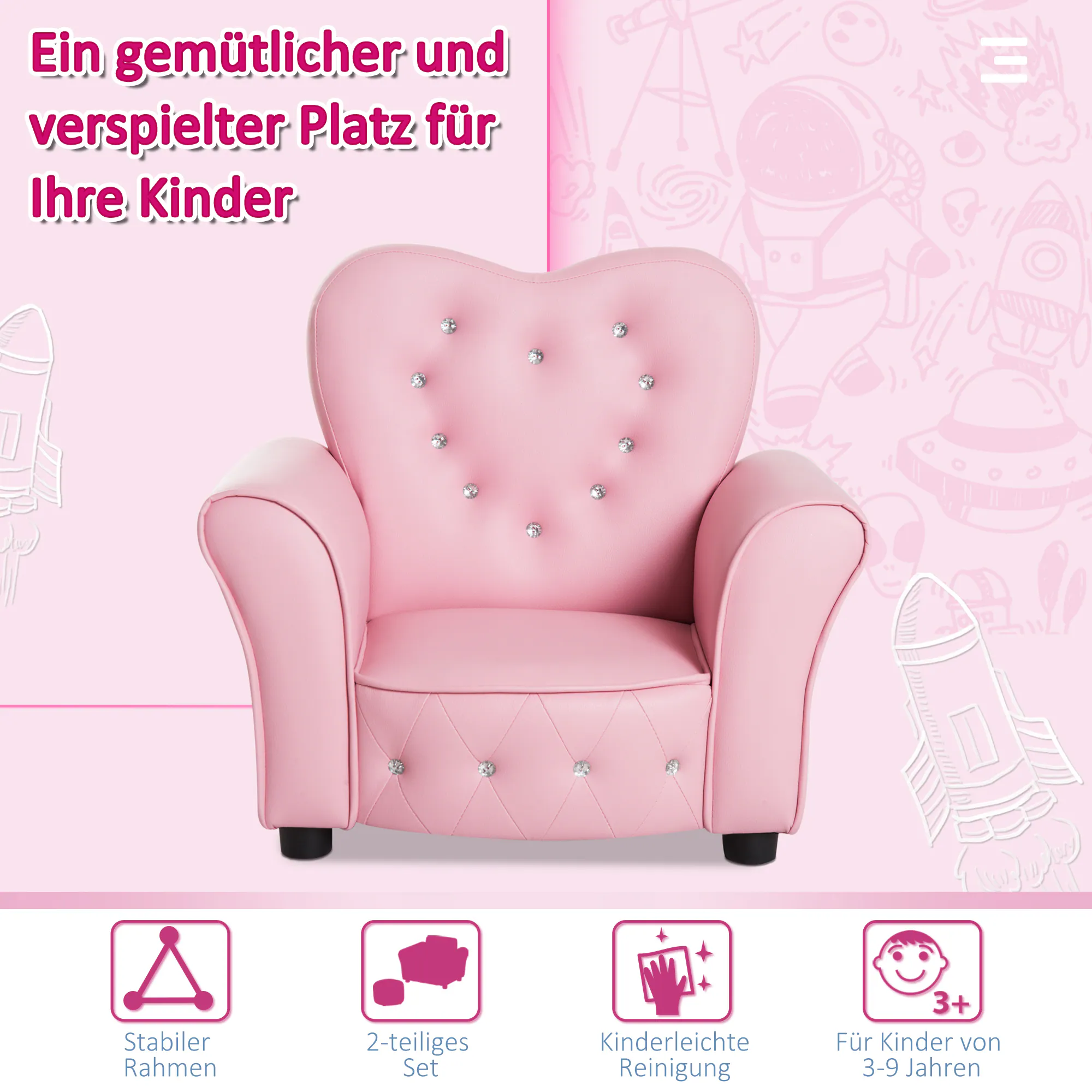 HOMCOM Kindersessel Prinzessin rosa 59 x 41,5 x 49 cm (LxBxH)