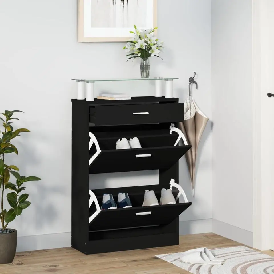 vidaXL - Schoenenkast 4 paar met 3 kleppen en lade - Zwart met glazen bovenblad