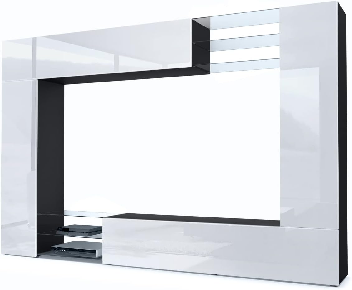 Vladon Wohnwand Mirage, Made in Germany, Anbauwand mit Rückwand mit 2 Türen, 2 Klappen und 6 offenen Glasablagen, Schwarz matt/Weiß Hochglanz (262 x 183 x 39 cm)