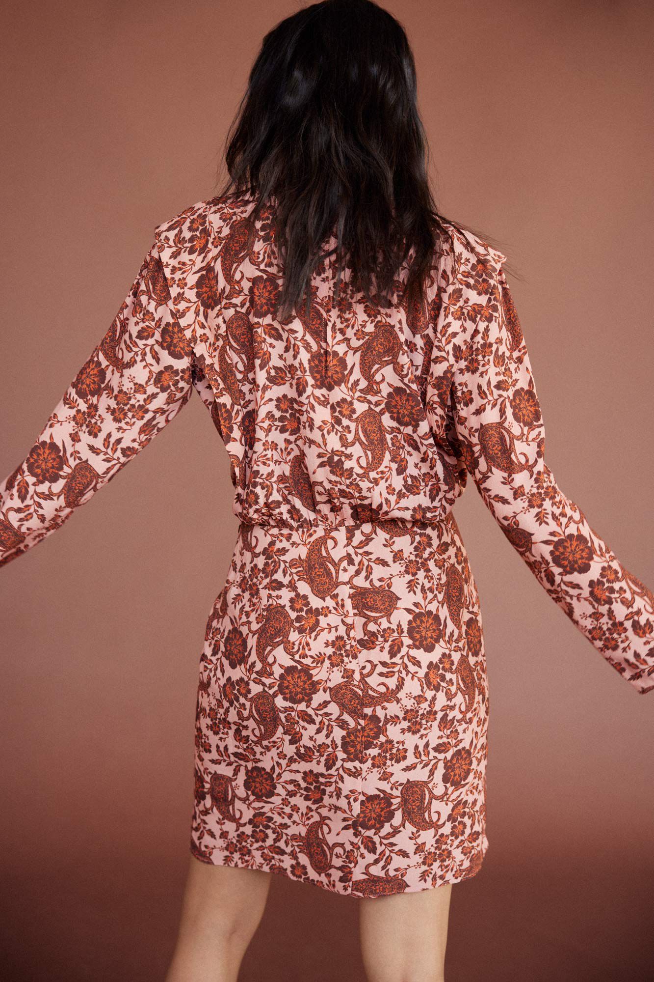 Vestido longo estampado de manga comprida - Estampa bege