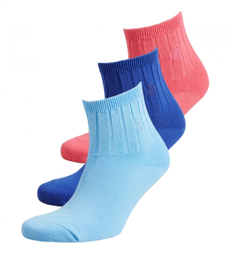Pacote com 2 meias de cano curto Superdry, unissex, em algodão orgânico - Azul e Rosa.