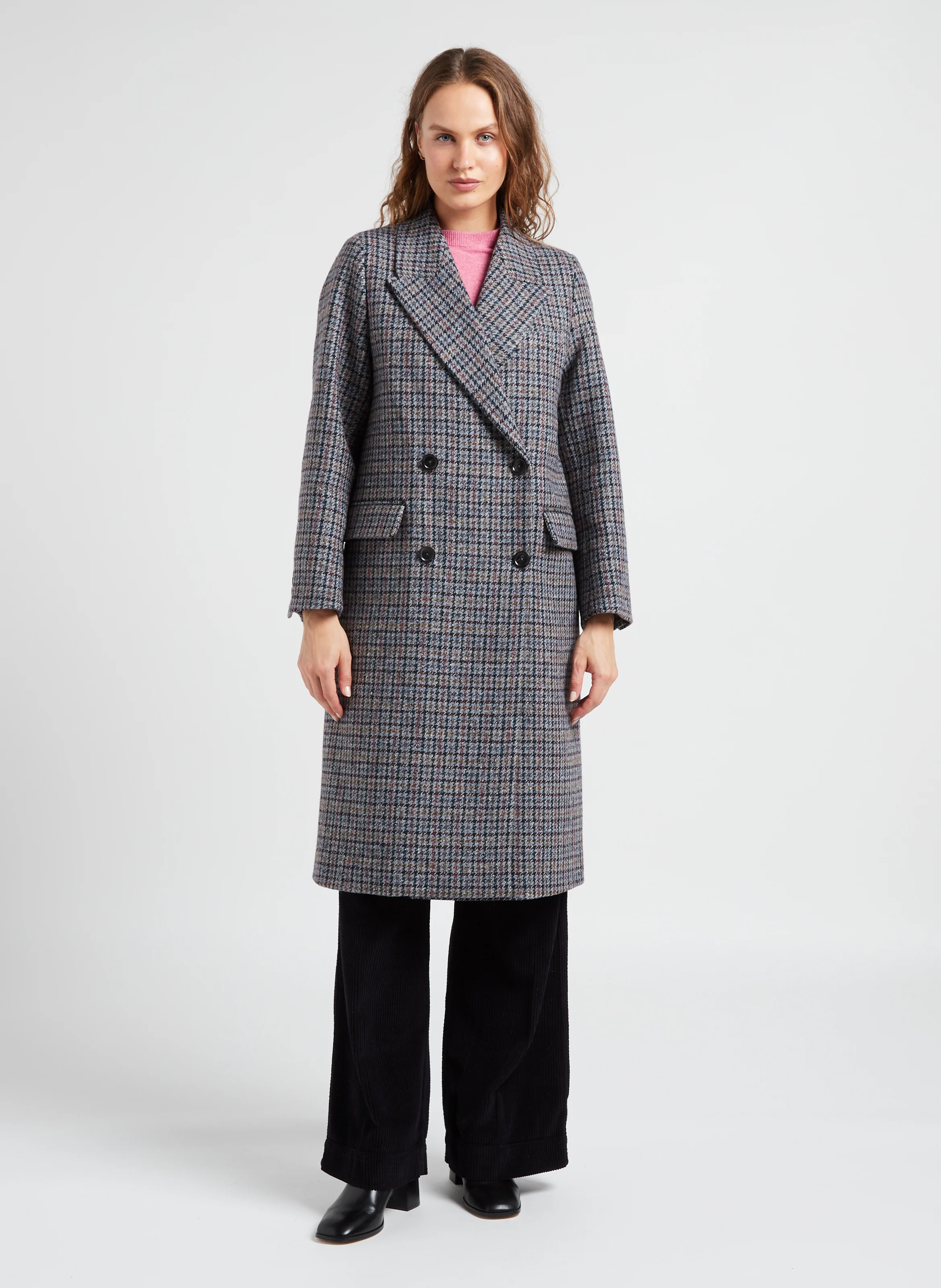 RODEZ - Manteau long col tailleur à carreaux en laine mélangée | Bleu
