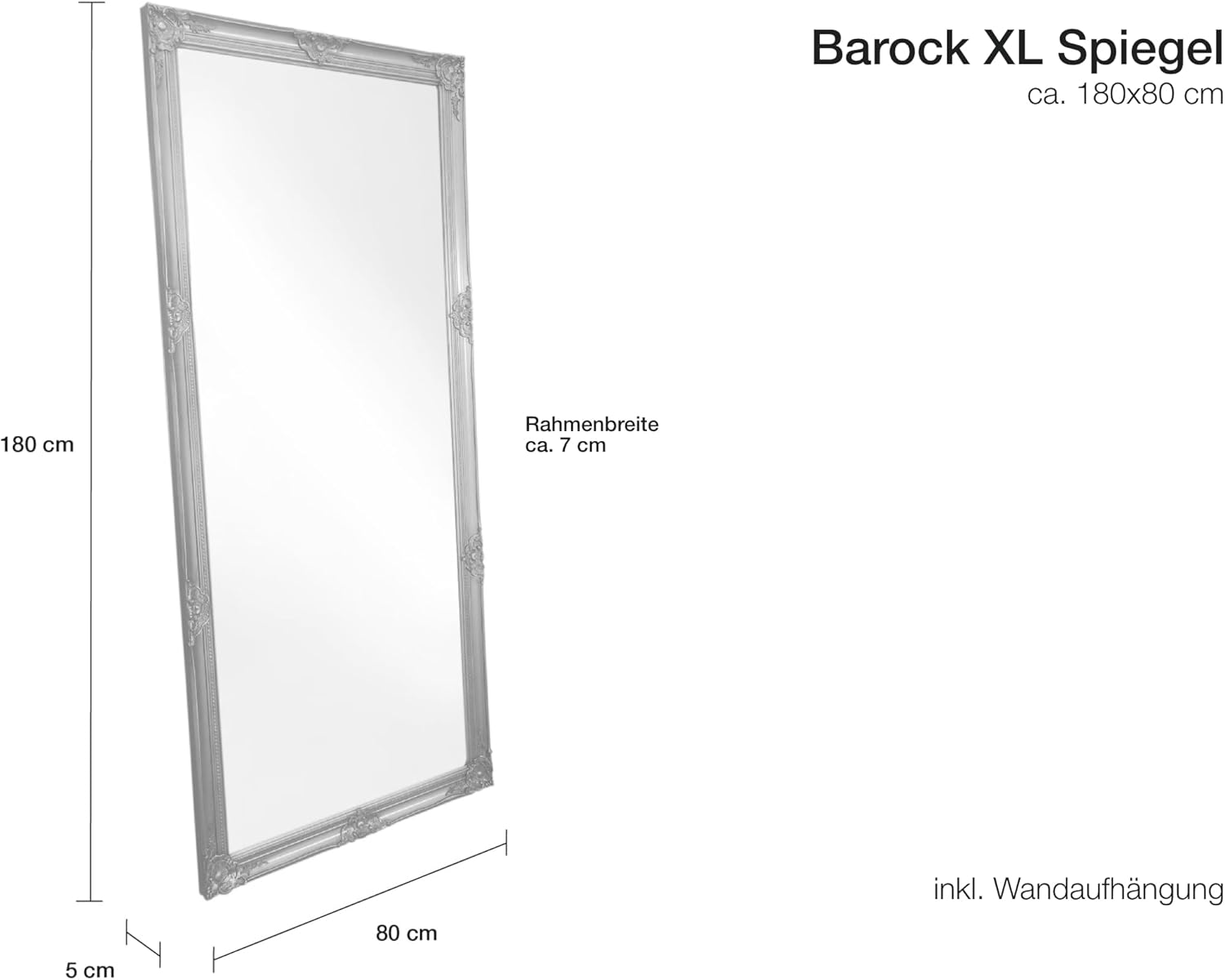 Wandspiegel Barock Silber ca. 180 x 80 cm Antik-Stil m. Facettenschliff XL Ganzkörperspiegel, Gaderobespiegel, Flurspiegel, Spiegel klassisch