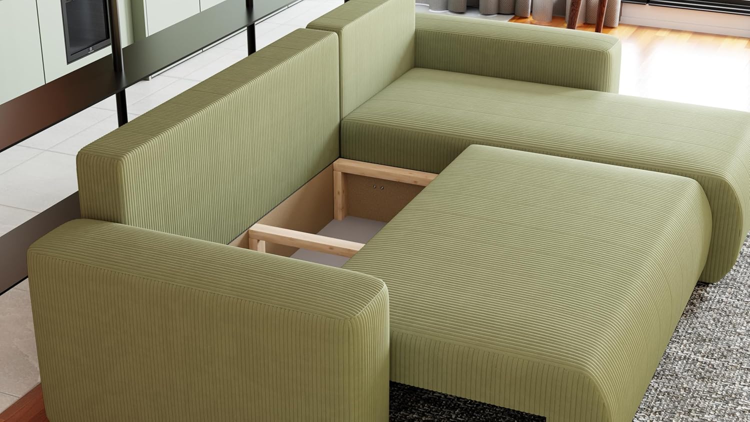 Ecksofa mit Schlaffunktion Travis 248x148 cm - Couch - Sofa mit Bettkasten - Eckcouch - L-Form - Schlaffsofa - Cord - Universal (Poso 47 Pistachio, L-Form)