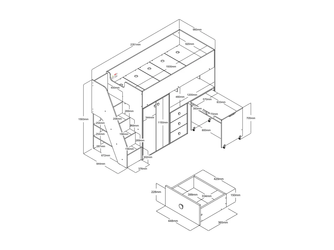 Lit mezzanine 90 x 190 cm avec armoire et bureau - Blanc et naturel - LANILATO