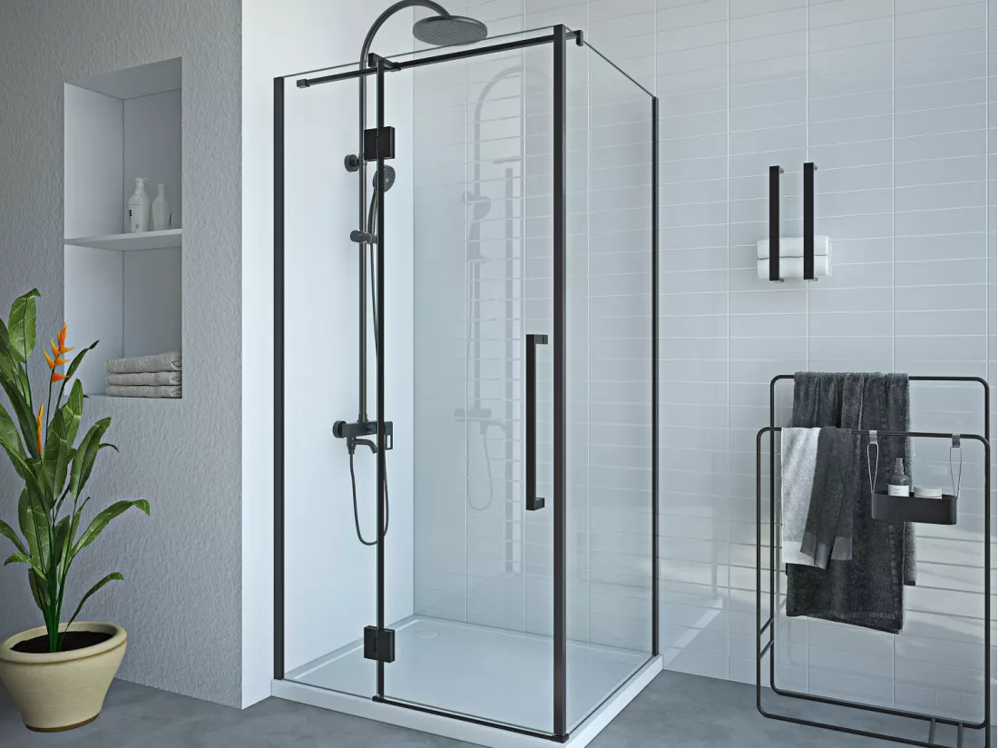 Paroi de douche fixe avec porte pivotante noir mat style industriel - 80 x 100 x 190 cm - PRINCETON