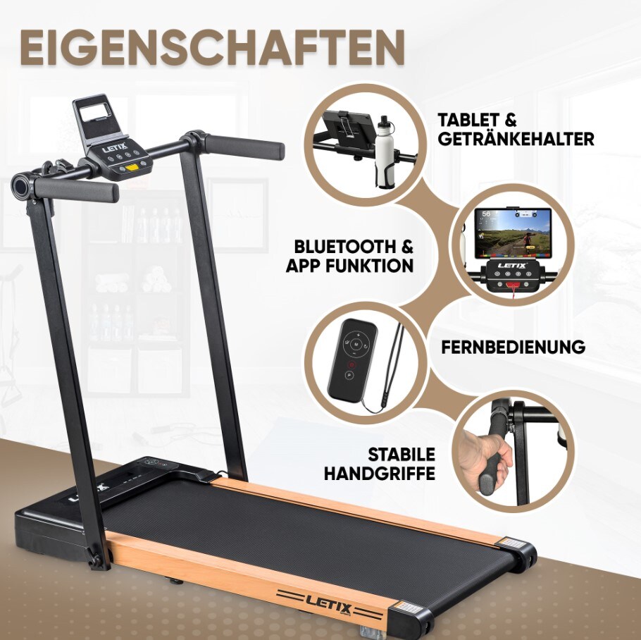 LETIX Elektrisches Laufband FoldPro 2in1 mit LCD-Display, Bluetooth & APP Funktion, für zu Hause und Büro, motorisiertes Fitnessgerät, Heimtrainer - Holzoptik