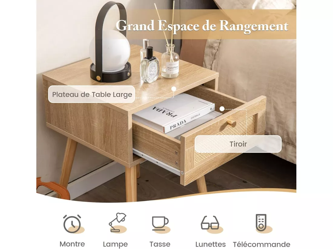 Table de Chevet en Rotin, Table de Nuit Bois avec Tiroir et 4 Pieds en Pin, Chevet de Lit pour Chambre, Salon, Style Naturel, 40 x 40 x 55 cm