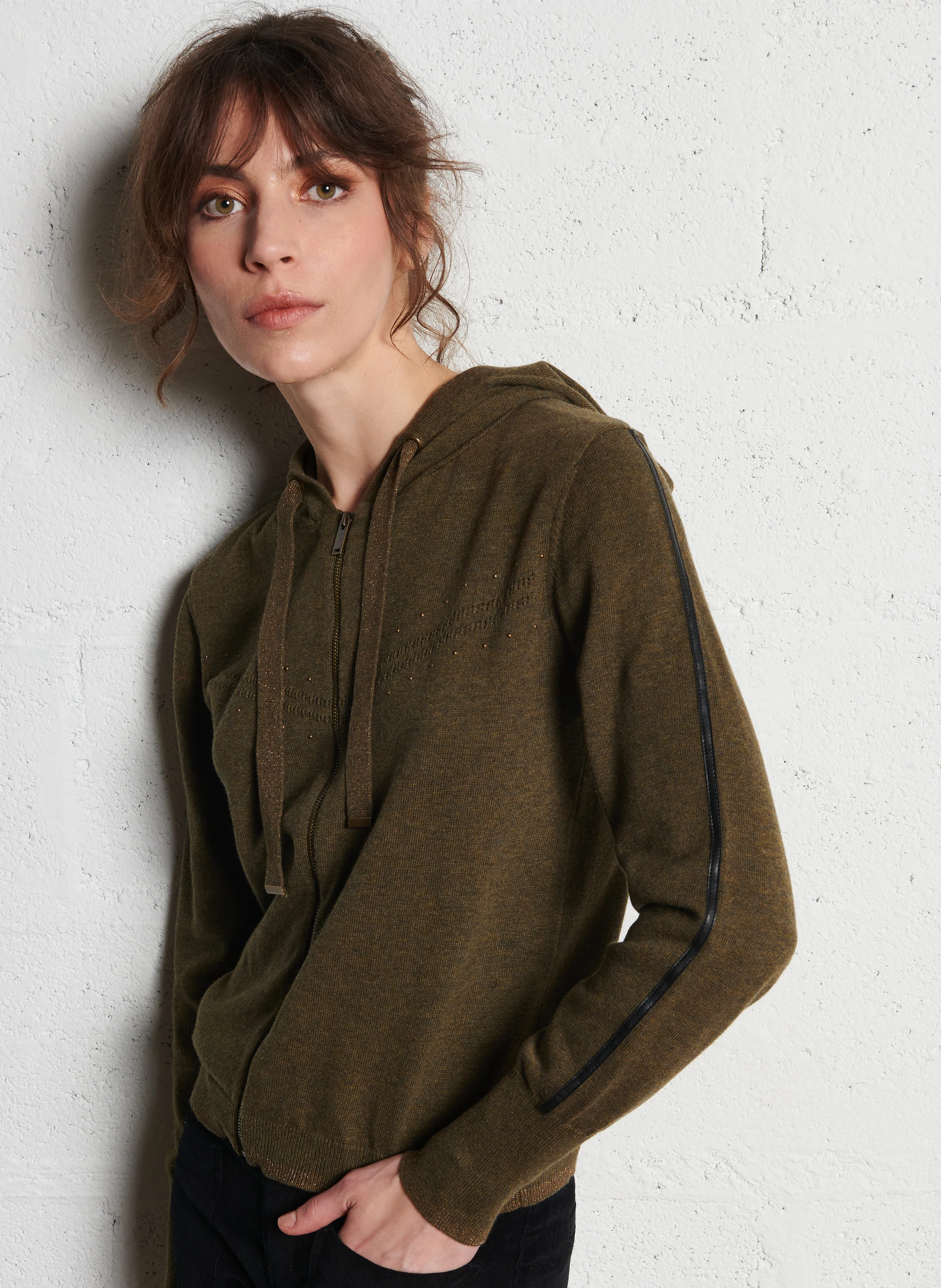 Gilet à capuche zippé en coton | Kaki