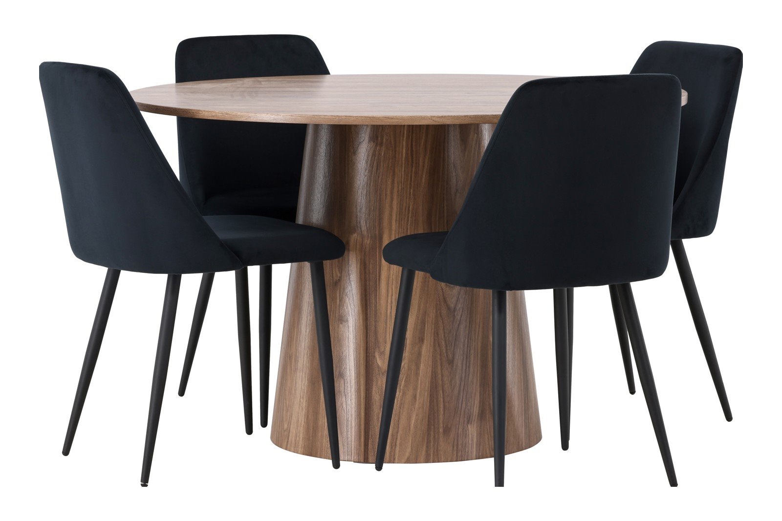 Lanzo og Night Spisegruppe Lanzo rundt spisebord ø120cm i natur med 4 stk. Night spisestoler i Sort fløyel og sorte ben
