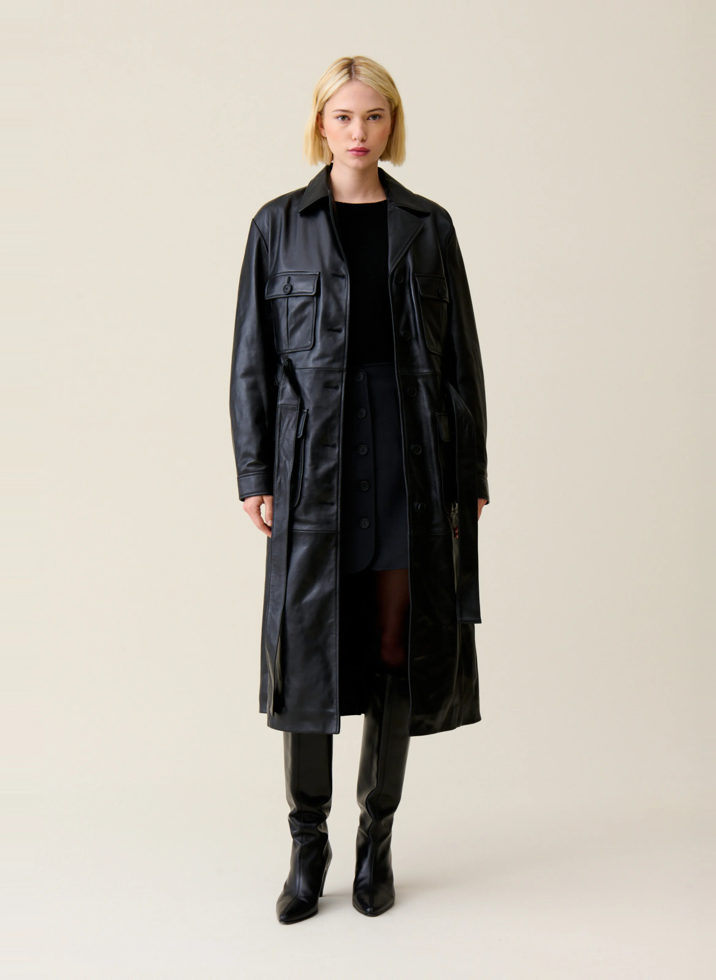 Trench droit en cuir | Noir
