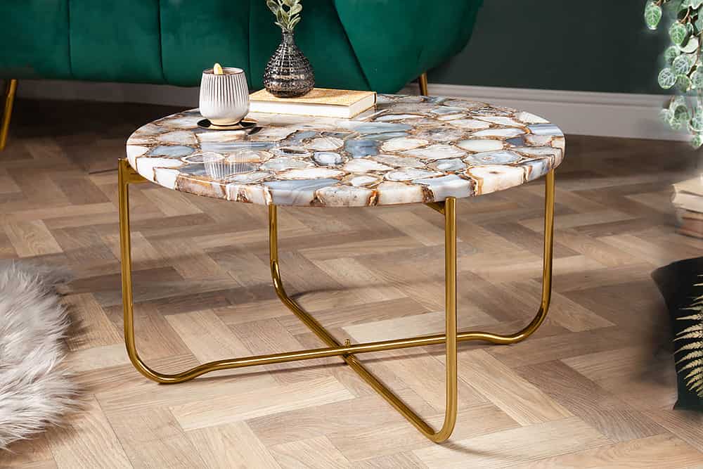 Runder Couchtisch NOBLE 65cm Edelstein Achat abnehmbare Tischplatte goldenes Metallgestell