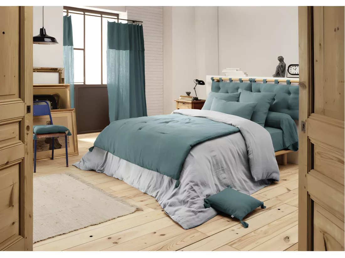 Édredon 150 x 150 cm gaze de coton bleu canard avec 4 pompons - PEPA
