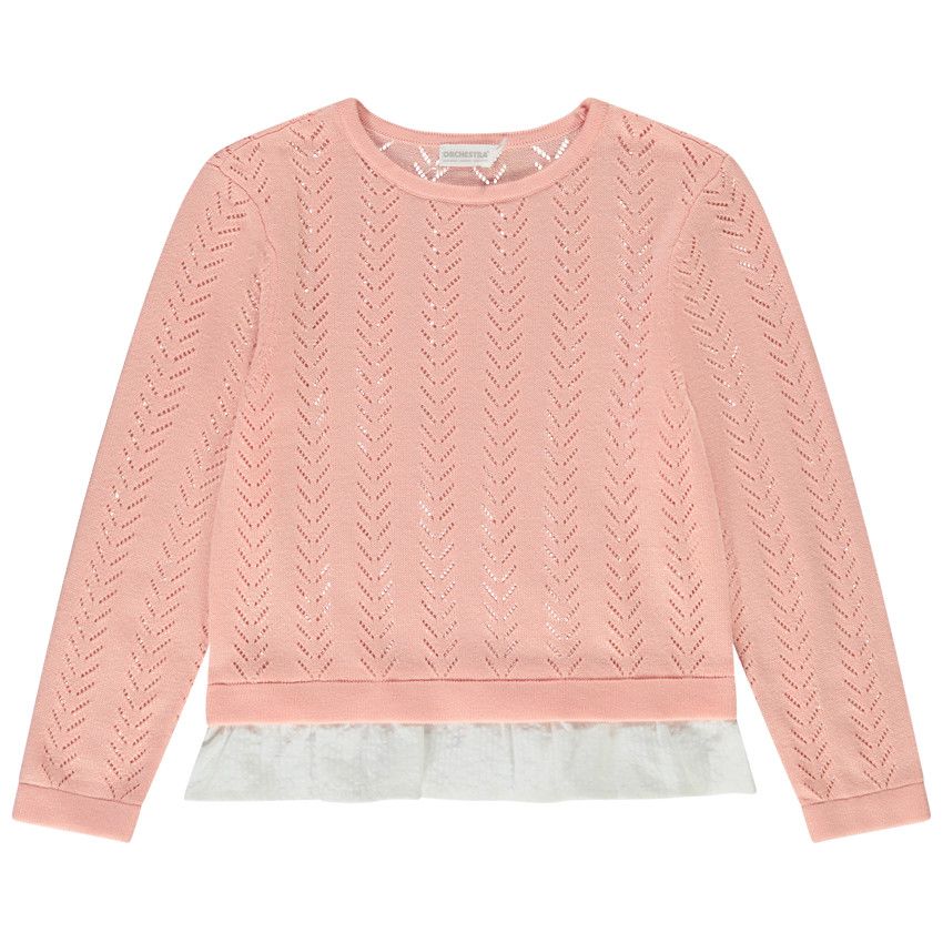 Pull bi-matière effet 2 en 1 uni pour fille - Rose