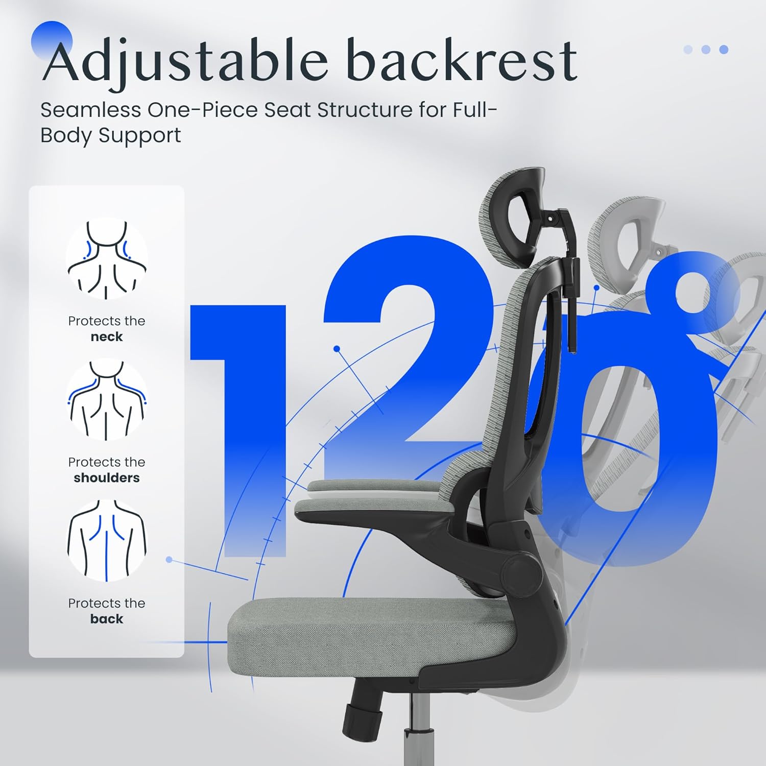 FLEXISPOT Ergonomischer Bürostuhl, Schreibtischstuhl mit 2D-Kopfstütze, Klappbare Armlehnen & Dynamische Lendenstütze, Stuhl mit 120° Wippfunktion für Homeoffice, Arbeitszimmer, Büro (Grau)
