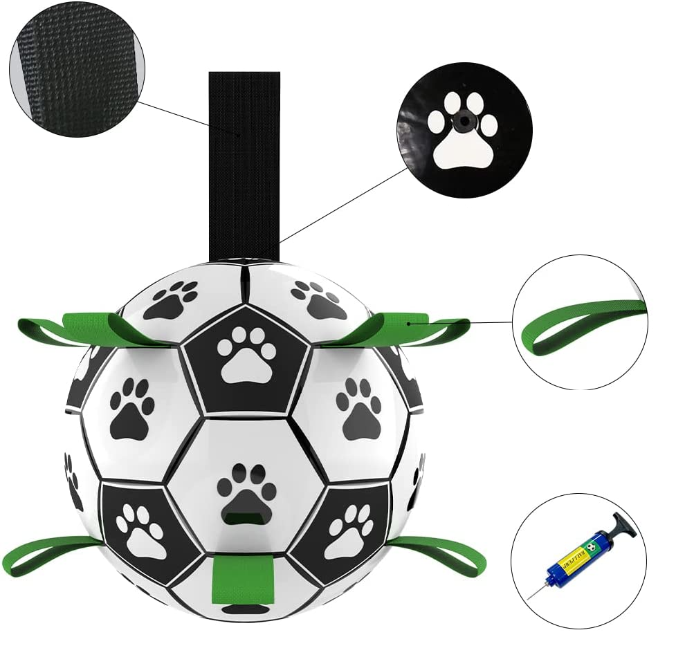 (Ø15cm) Interaktiver Hunde Ball Haustier Spielzeug Fussball mit Greiflaschen   Luftpumpe - Schwarz / Weiss / Grün