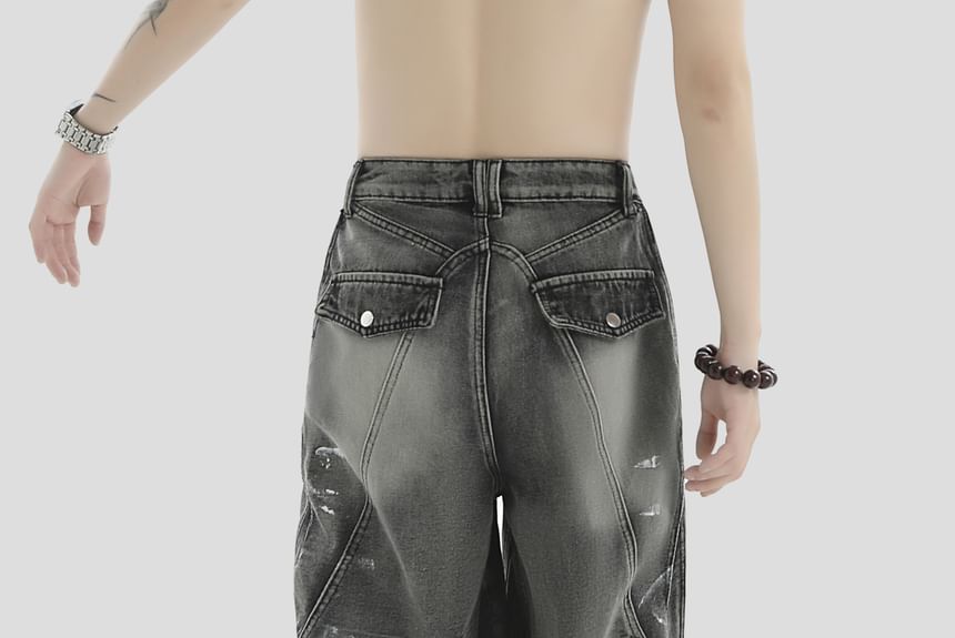 INStudio - Mid Rise Print Washed Rafeled Wide Leg Jeans