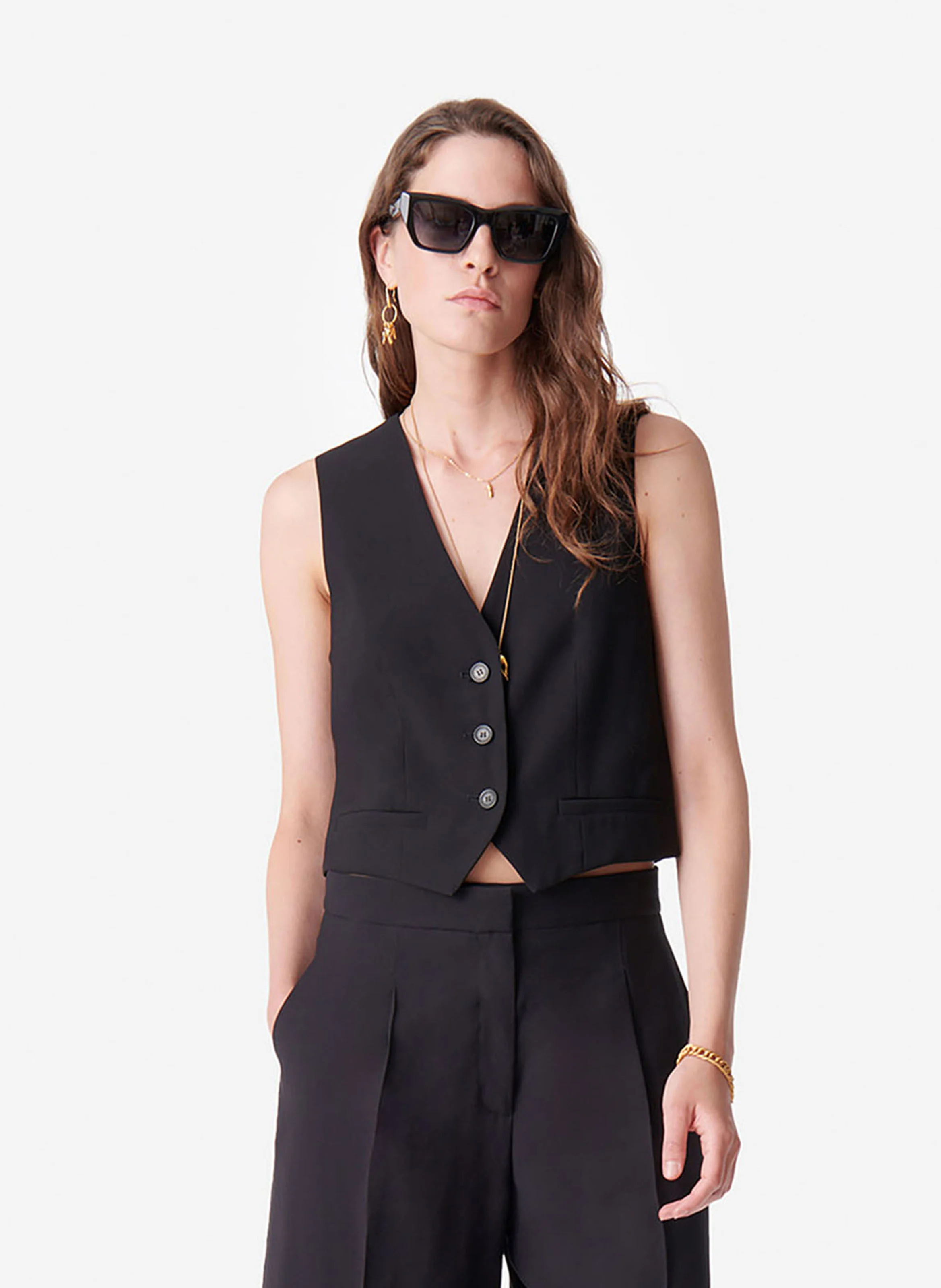 BENSON - Veste droite col V sans manches | Noir