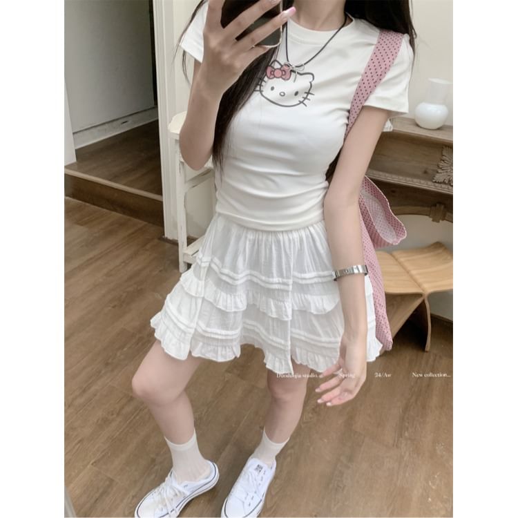 Flowerisque - Hoge taille effen geplooide mini A-lijn rok
