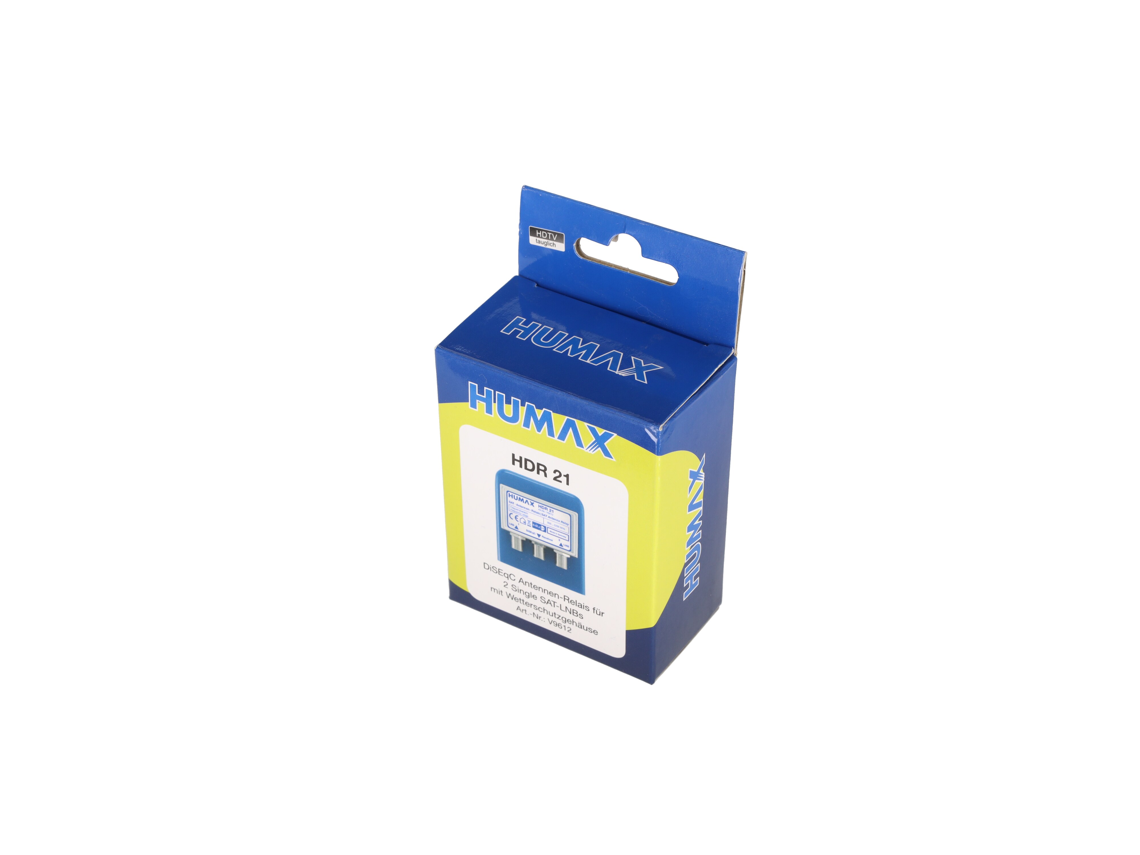 Humax DiSEqC Relais 2/1 mit Wetterschutz für 2 Single SAT-LNBs, blau