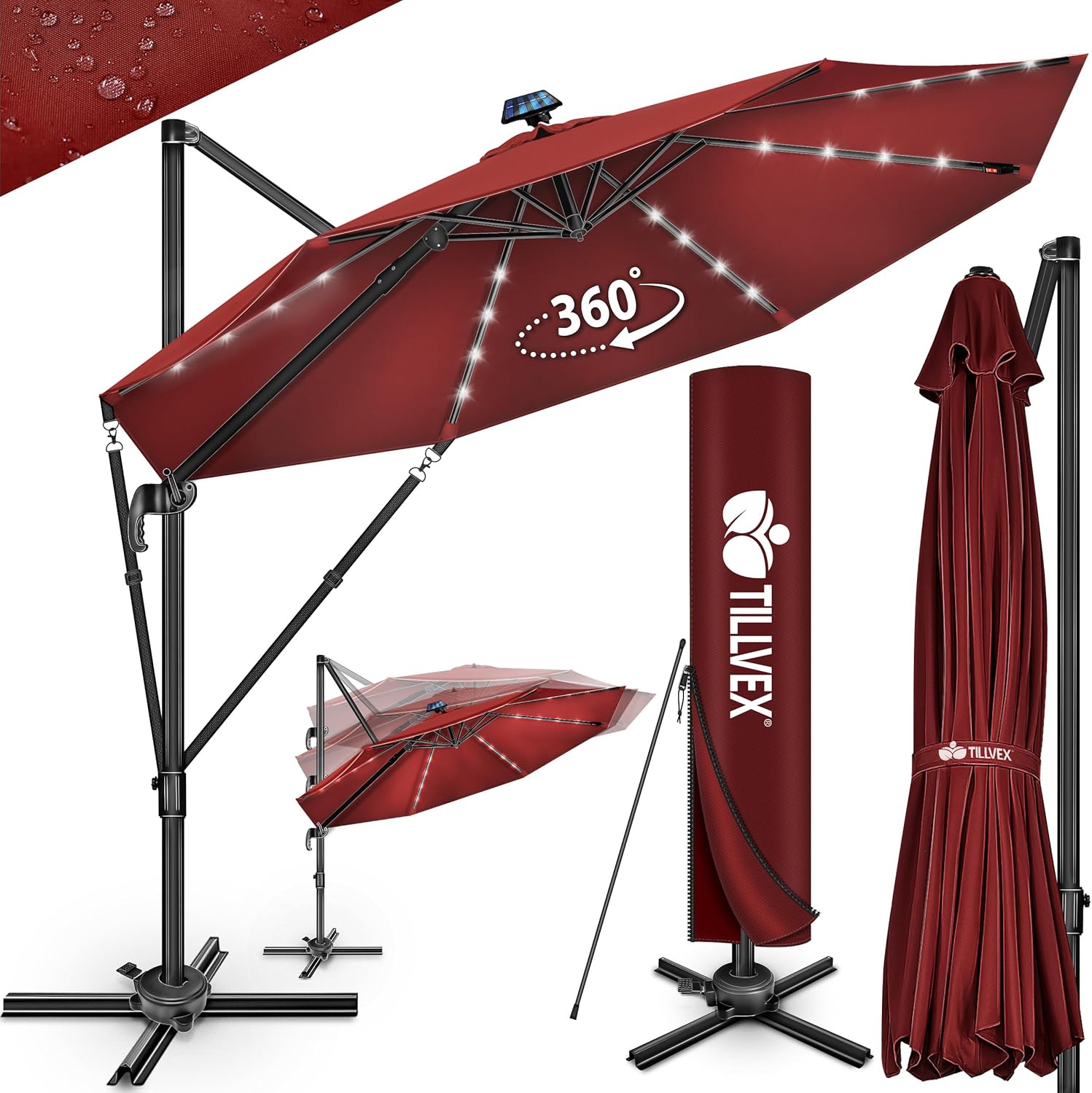 tillvex® Premium Alu Sonnenschirm 330 cm + Abdeckung & Windsicherung | Ampelschirm 6-Fach verstellbar mit Kurbel | Gartenschirm 360° Drehbar Neigbar Kippbar | UV50+ wasserdicht