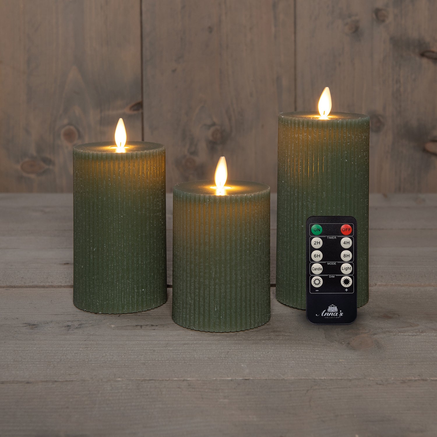 Anna's Collection LED stompkaars Rib met timer groen D 7,5 H 10 / 12,5 / 15 cm 3 stuks