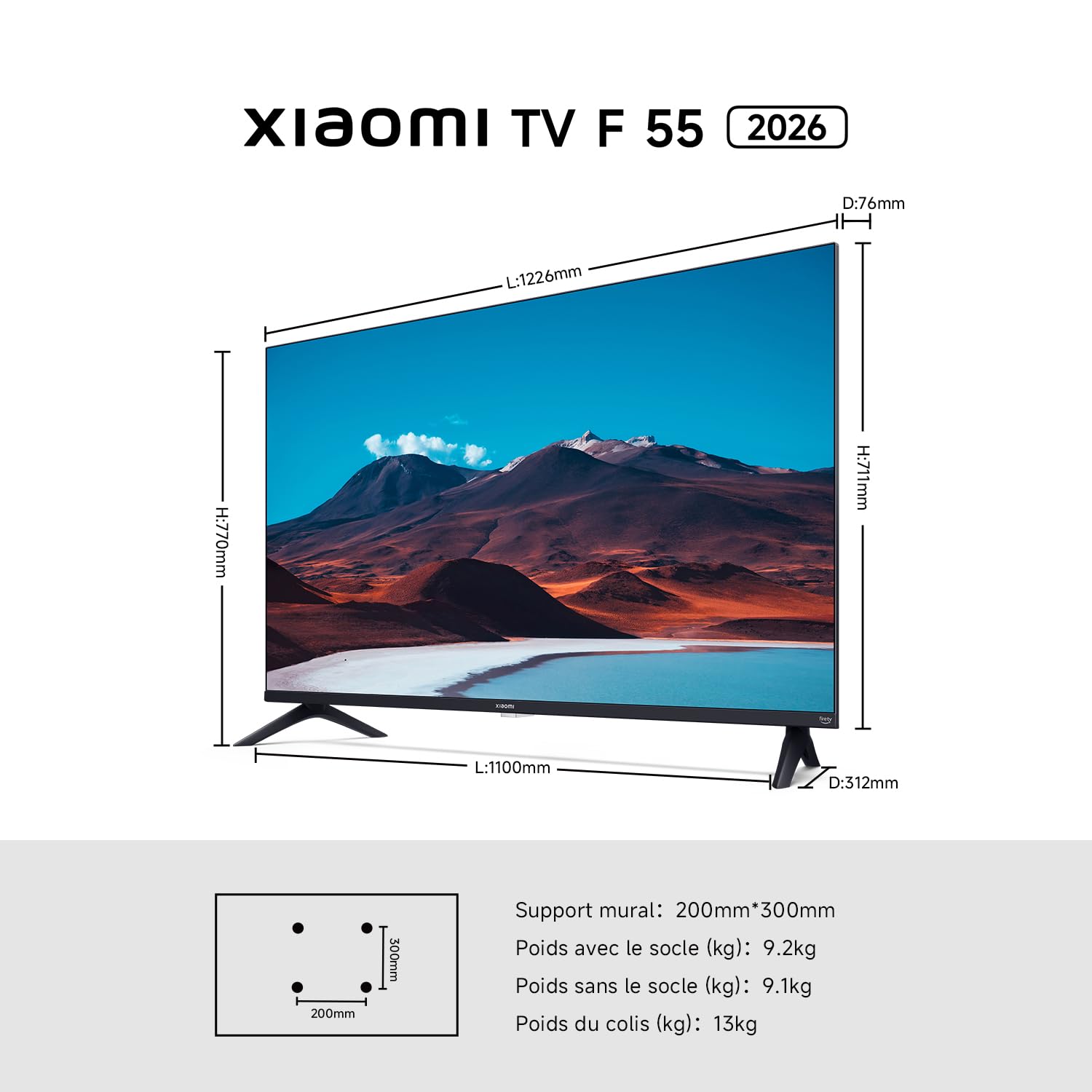 Xiaomi TV F 55, 140 cm (55 Pouces), 4K UHD, Smart TV, Fire TV, Contrôle Vocal Alexa, HDR10, MEMC, Mode Game Boost 120Hz, 2Go+32Go, Compatible avec Air