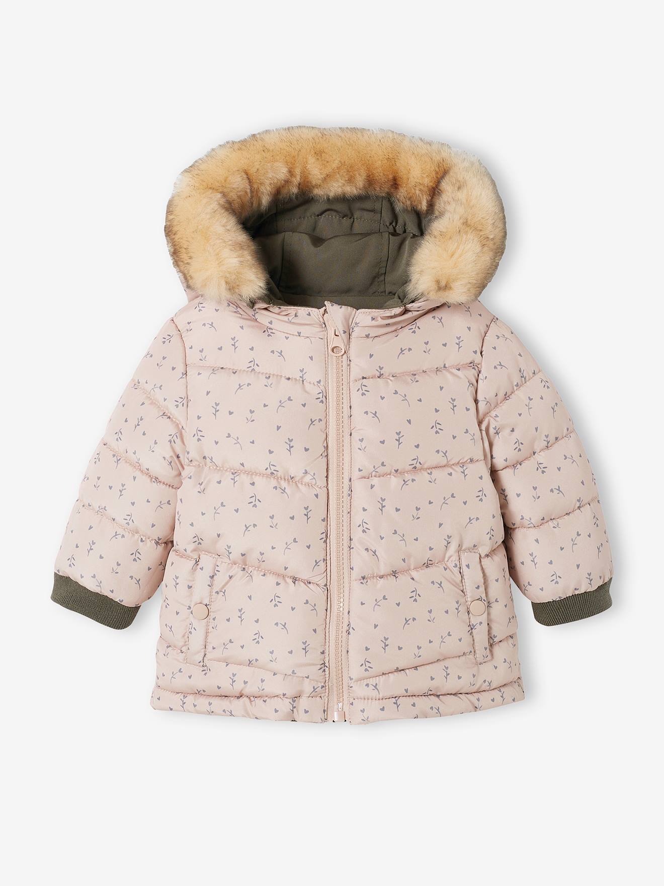 Parka reversível para bebê, com enchimento de poliéster reciclado, verde médio liso com estampas.
