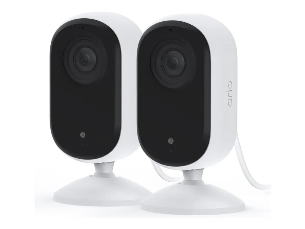 Arlo Essential Indoor 2K - Netværksovervågningskamera - indendørs - farve (Dag/nat) - 4 MP - 2560 x 1440 - audio - trådløs - WiFi - med Arlo Secure Plan (Trial) (pakke med 2)